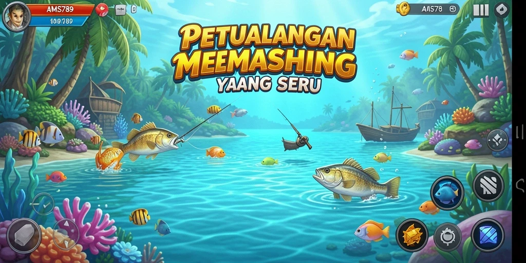 Screenshot utama AMS789 menampilkan pemain sedang memancing di danau yang indah.