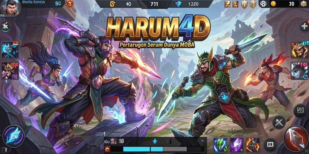 Screenshot gameplay yang mendebarkan dari HARUM4D di arena MOBA.