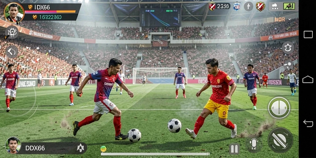 Gameplay seru IDX66 dengan aksi sepak bola nyata.