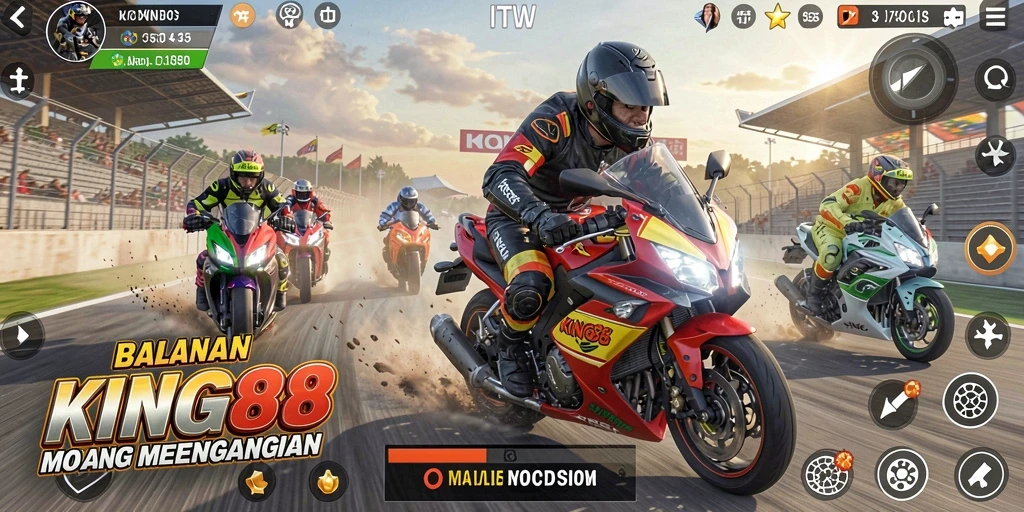 Gameplay mendebarkan di lintasan balapan motor KING88.