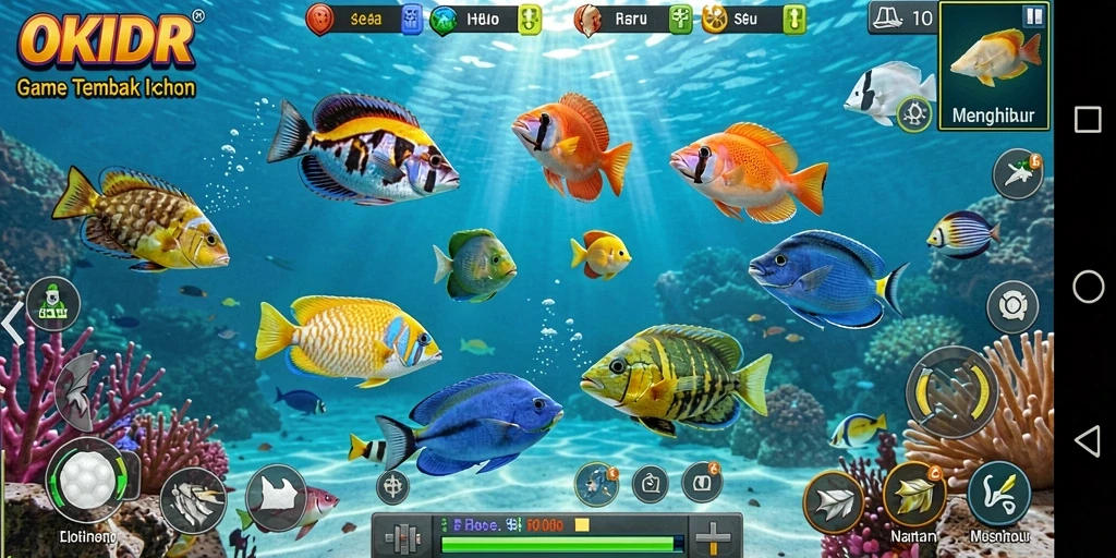 Screenshot gameplay <strong>OKIDR</strong> menampilkan keseruan menembak ikan di bawah laut.