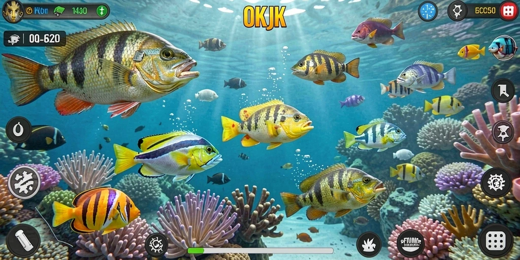 Tampilan gameplay seru di OKJK dengan berbagai ikan berwarna-warni.