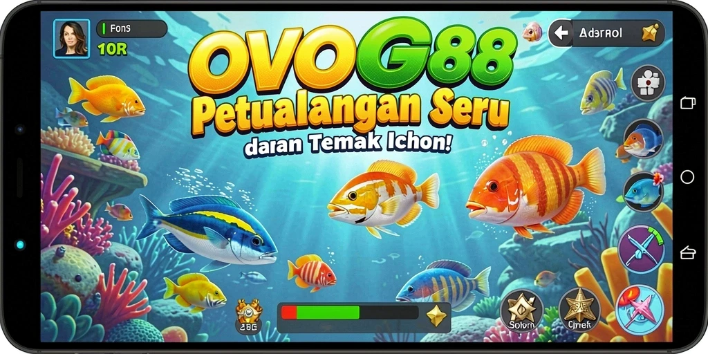 Tampilan screenshot OVO88 menunjukkan aksi menembak ikan penuh warna.