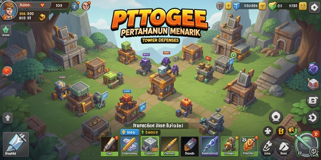 Screenshot gameplay PTTOGEL memperlihatkan pertahanan tower melawan serbuan musuh.