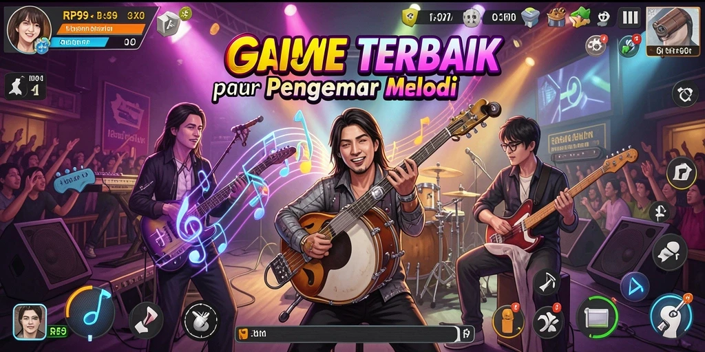 Tangkapan layar RP99 menampilkan gameplay musik yang interaktif dan menyenangkan.
