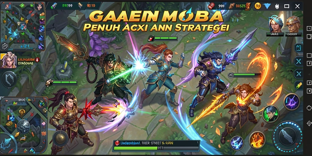 Screenshot gameplay RR999 menunjukkan aksi tim yang seru di arena MOBA.