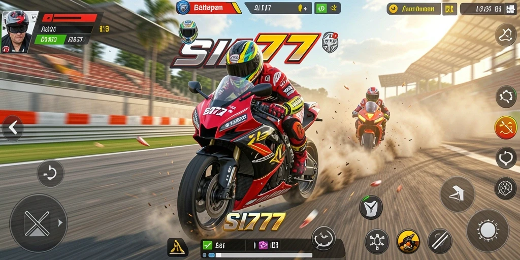 Screenshot utama SIA777 menunjukkan aksi balapan motor yang seru.