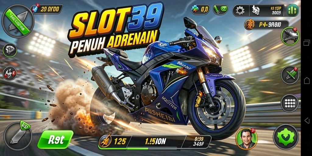 Screenshot gameplay SLOT39 menampilkan balapan motor seru di trek yang menantang.
