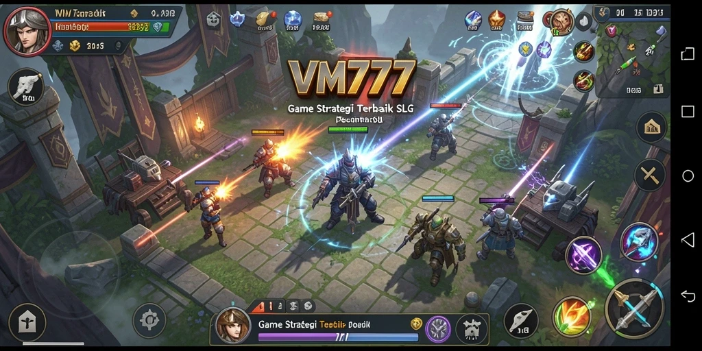 Tampilan gameplay VM777 yang menampilkan pertempuran mendebarkan dan pembangunan kerajaan.