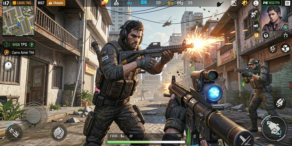 Screenshot gameplay W67 menunjukkan aksi tembak-menembak yang mendebarkan.